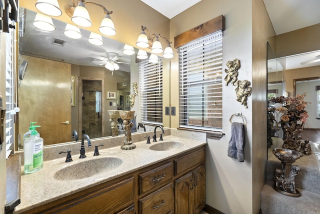 1000 Grandview Heights Dr, Conway, AR 72032 - full bath featuring ceiling fan, a stall shower, and double vanity