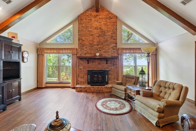 1000 Grandview Heights Dr, Conway, AR 72032 - living room featuring high vaulted ceiling, beam ceiling, hardwood / wood-style flooring, and baseboards