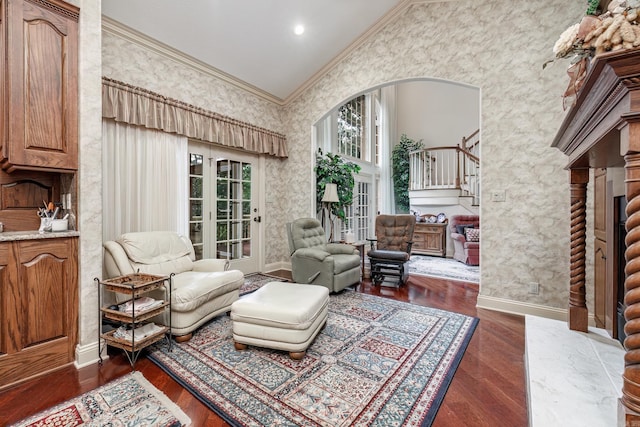 12 Loyola Ln, Hot Springs Village, AR 71909 - sitting room with ornamental molding, arched walkways, baseboards, dark wood-style floors, and vaulted ceiling