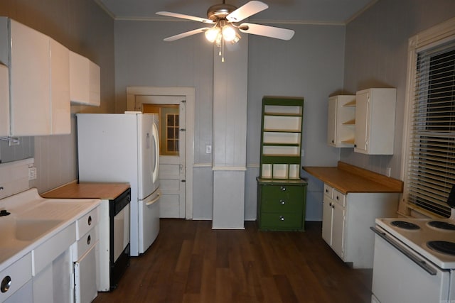1304 W 9th St, North Little Rock, AR 72114 - kitchen featuring white appliances, ceiling fan, crown molding, dark wood-style flooring, and white cabinets