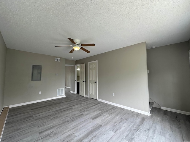 1720 Sanford Dr, Little Rock, AR 72227 - unfurnished room with ceiling fan, electric panel, wood finished floors, baseboards, and a textured ceiling