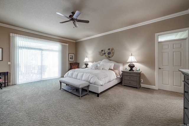 5 Granada Ln, Hot Springs Village, AR 71909 - bedroom featuring light carpet, crown molding, baseboards, a ceiling fan, and a textured ceiling