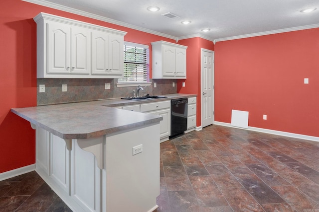 kitchen featuring a sink, dishwasher, baseboards, white cabinetry, and ornamental molding