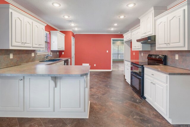 kitchen featuring range with two ovens, under cabinet range hood, a sink, a peninsula, and ornamental molding