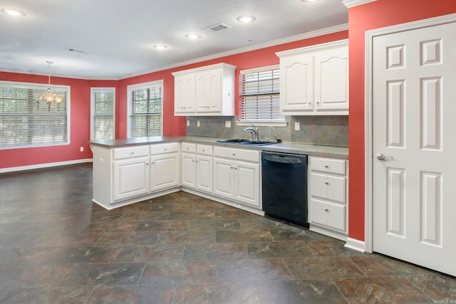 kitchen with black dishwasher, a sink, a chandelier, crown molding, and a peninsula