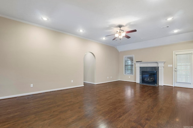 unfurnished living room featuring ornamental molding, ceiling fan, baseboards, dark wood-style flooring, and recessed lighting