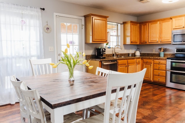 kitchen featuring appliances with stainless steel finishes, a sink, dark countertops, and dark wood finished floors