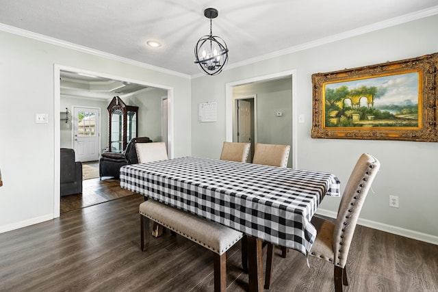 12 High Plains Dr, Cabot, AR 72023 - dining area featuring a chandelier, dark wood finished floors, crown molding, baseboards, and recessed lighting