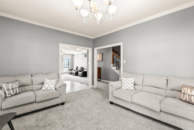 living area with a chandelier, crown molding, carpet flooring, stairway, and baseboards