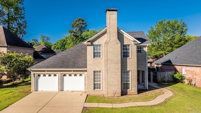 view of property exterior with a chimney, driveway, an attached garage, and roof with shingles