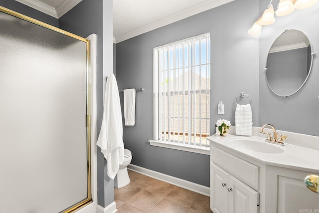 full bath featuring ornamental molding, healthy amount of natural light, vanity, a shower stall, and tile patterned flooring