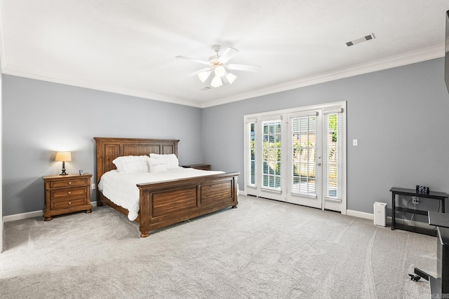 carpeted bedroom with access to exterior, crown molding, baseboards, and a ceiling fan