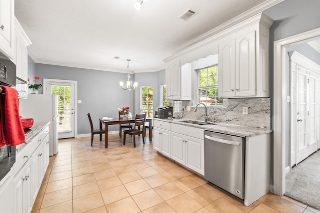 kitchen with stainless steel dishwasher, a sink, light tile patterned flooring, a chandelier, and white cabinets