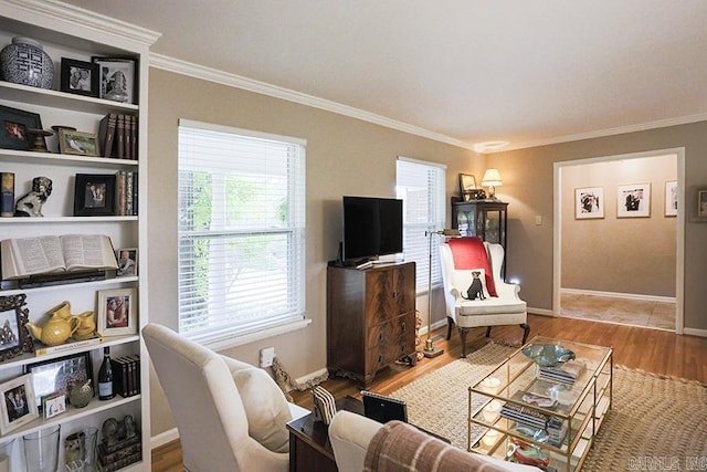 8113 Leatrice Dr, Little Rock, AR 72227 - living area with crown molding, baseboards, and wood finished floors