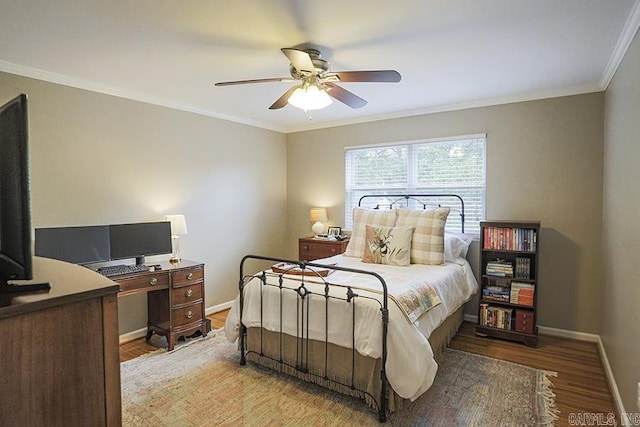 8113 Leatrice Dr, Little Rock, AR 72227 - bedroom featuring baseboards, wood finished floors, ornamental molding, a ceiling fan, and an office area