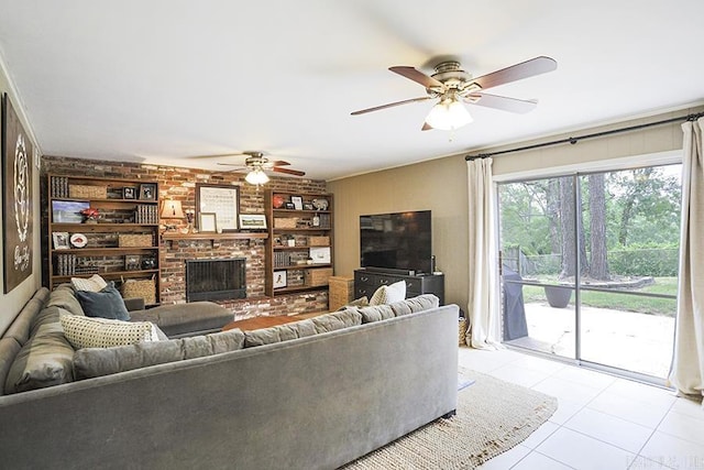8113 Leatrice Dr, Little Rock, AR 72227 - tiled living room with a ceiling fan and a brick fireplace