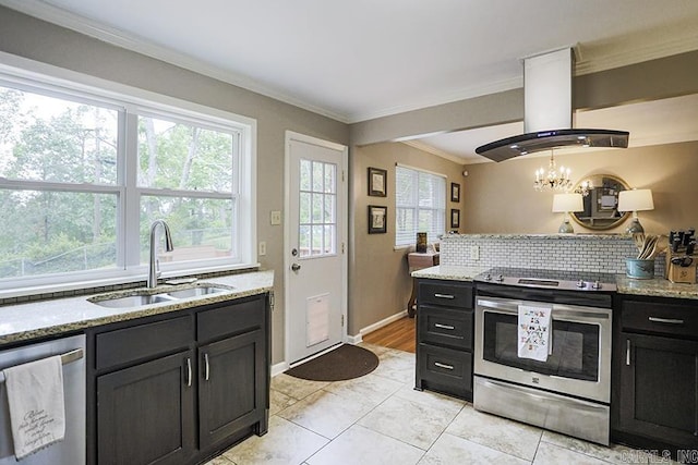 8113 Leatrice Dr, Little Rock, AR 72227 - kitchen with stainless steel appliances, a sink, island range hood, decorative backsplash, and ornamental molding