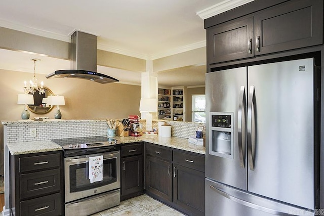 8113 Leatrice Dr, Little Rock, AR 72227 - kitchen featuring appliances with stainless steel finishes, island range hood, backsplash, ornamental molding, and light stone counters