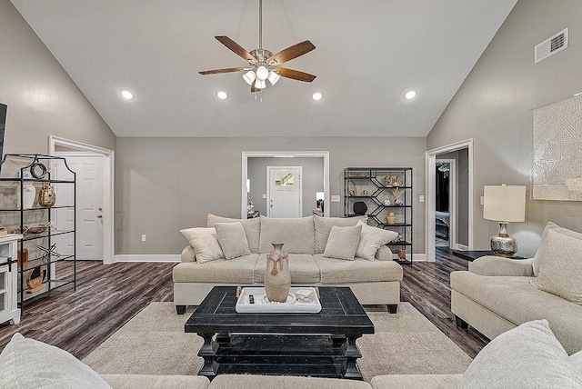 living room with high vaulted ceiling, baseboards, ceiling fan, wood finished floors, and recessed lighting