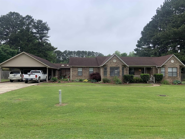 ranch-style house with brick siding, driveway, and a front yard