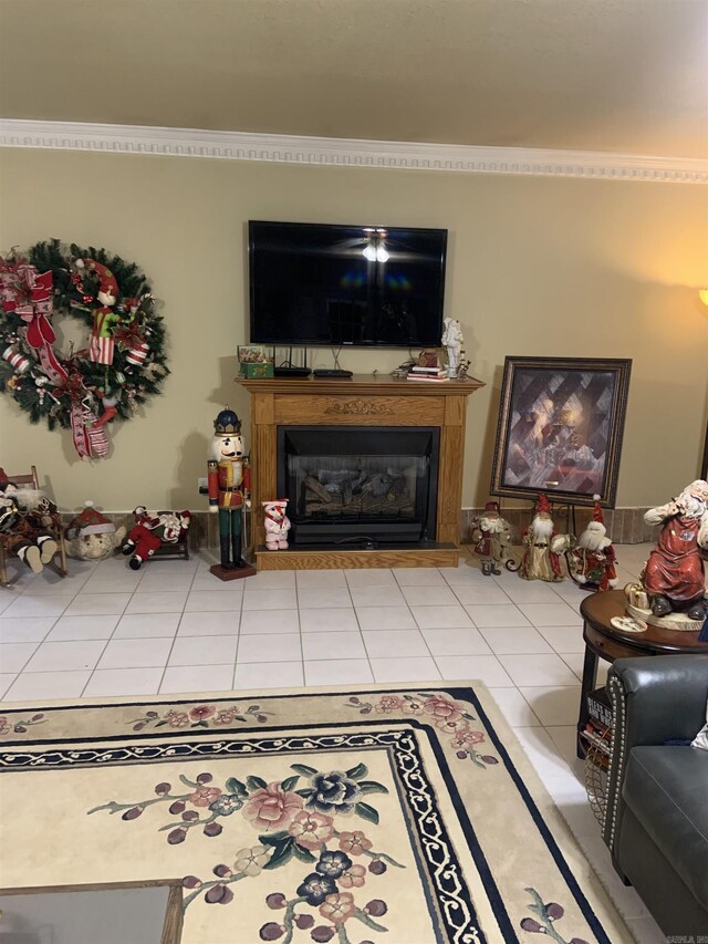 tiled living area with a glass covered fireplace
