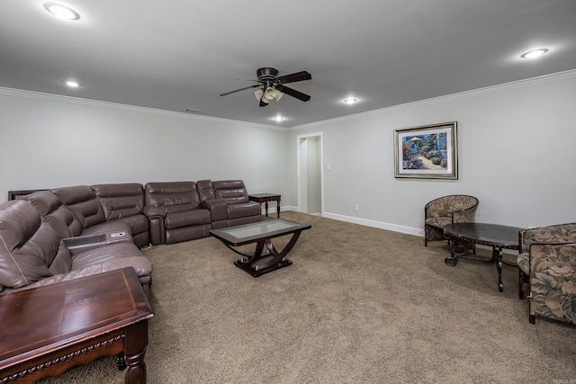 406 Parliament St, Little Rock, AR 72211 - living area with ceiling fan, recessed lighting, ornamental molding, carpet, and baseboards
