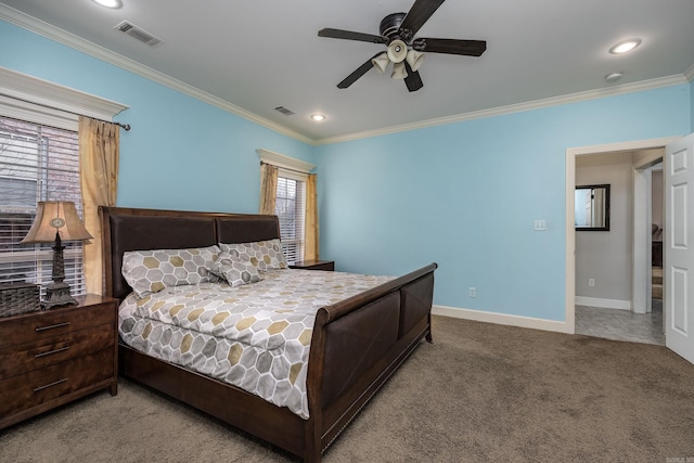 406 Parliament St, Little Rock, AR 72211 - carpeted bedroom with crown molding, baseboards, recessed lighting, and a ceiling fan