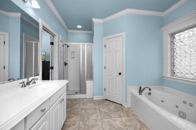 406 Parliament St, Little Rock, AR 72211 - bathroom with a shower stall, vanity, a tub with jets, ornamental molding, and recessed lighting