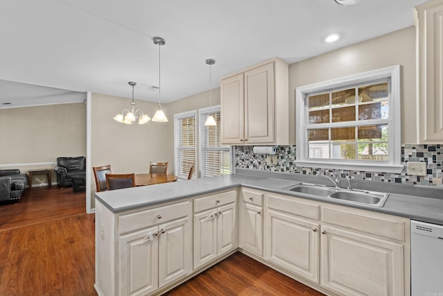 kitchen with a sink, white dishwasher, decorative backsplash, a peninsula, and dark wood-type flooring