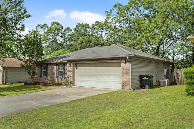 view of front of house featuring brick siding, an attached garage, driveway, central AC unit, and a shingled roof