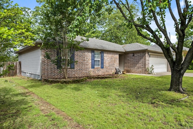 ranch-style house with a garage, brick siding, and concrete driveway