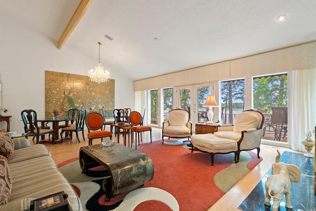 5000 Central Ave Unit 26-27, Hot Springs, AR 71913 - living area featuring wood finished floors, a chandelier, high vaulted ceiling, and beam ceiling