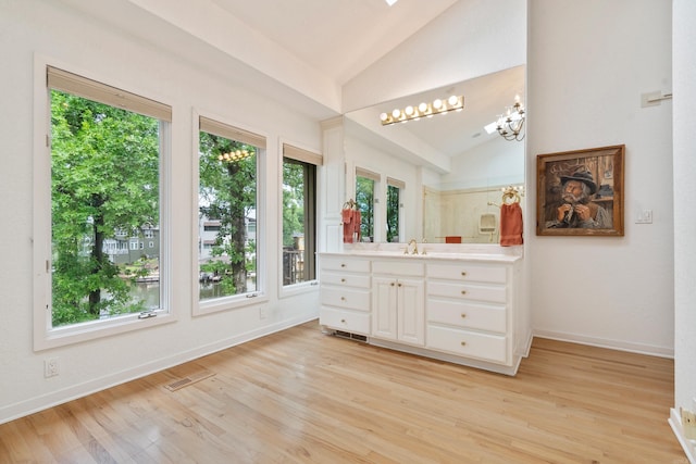 5000 Central Ave Unit 26-27, Hot Springs, AR 71913 - bathroom featuring lofted ceiling, wood finished floors, vanity, and baseboards