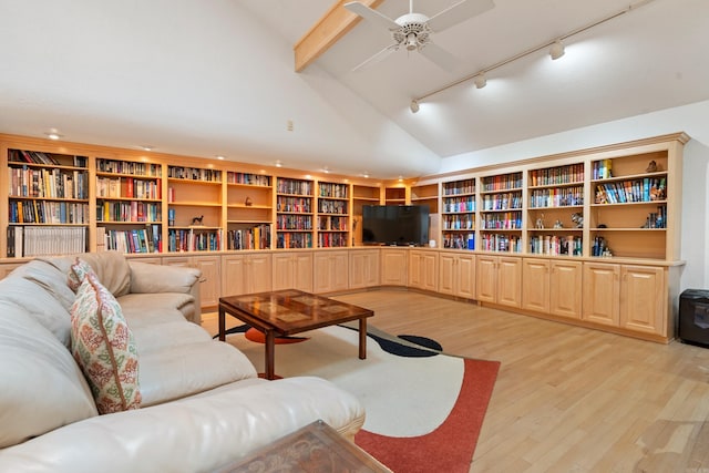 5000 Central Ave Unit 26-27, Hot Springs, AR 71913 - living area featuring rail lighting, light wood finished floors, ceiling fan, beamed ceiling, and high vaulted ceiling