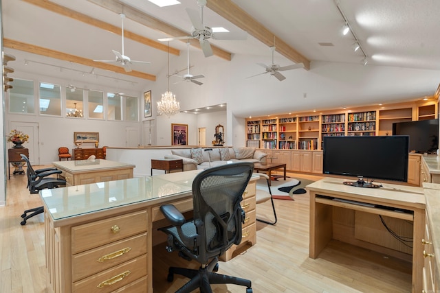 5000 Central Ave Unit 26-27, Hot Springs, AR 71913 - office area featuring light wood-style floors, beam ceiling, rail lighting, high vaulted ceiling, and a ceiling fan