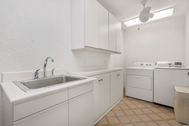 5000 Central Ave Unit 26-27, Hot Springs, AR 71913 - clothes washing area featuring separate washer and dryer, cabinet space, a ceiling fan, and light flooring