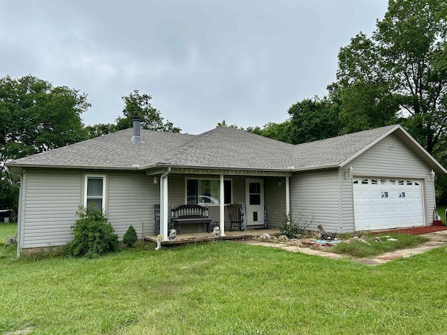 ranch-style home featuring a front lawn, a porch, a shingled roof, and a garage