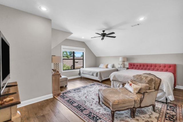 17 Cove Creek Pt, Little Rock, AR 72211 - bedroom with lofted ceiling, dark wood-style floors, baseboards, ceiling fan, and recessed lighting