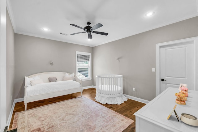 17 Cove Creek Pt, Little Rock, AR 72211 - bedroom with ornamental molding, baseboards, dark wood-style flooring, ceiling fan, and recessed lighting