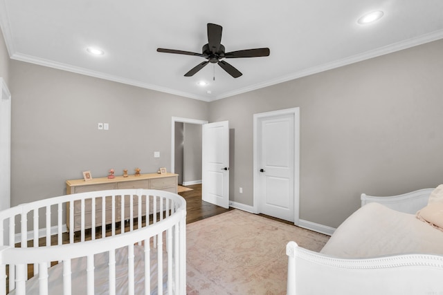 17 Cove Creek Pt, Little Rock, AR 72211 - bedroom with crown molding, recessed lighting, baseboards, wood finished floors, and a ceiling fan