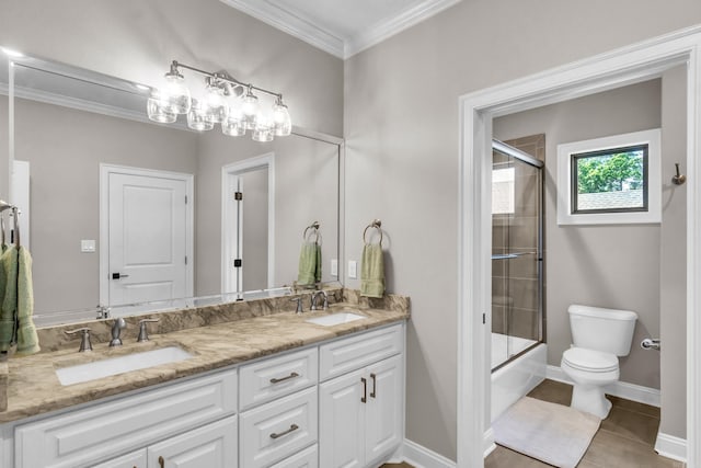 17 Cove Creek Pt, Little Rock, AR 72211 - full bathroom with crown molding, toilet, double vanity, tile patterned flooring, and enclosed tub / shower combo