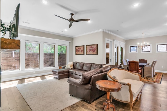 17 Cove Creek Pt, Little Rock, AR 72211 - living room featuring a chandelier, healthy amount of natural light, a ceiling fan, recessed lighting, and wood finished floors