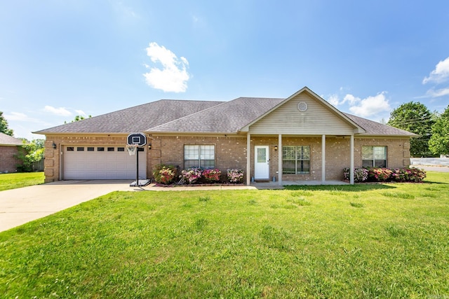 single story home featuring a garage, a front yard, driveway, brick siding, and a shingled roof