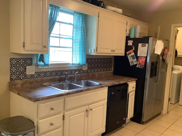713 Covenant Pl, Searcy, AR 72143 - kitchen featuring dishwasher, a sink, stainless steel fridge, dark countertops, and white cabinets