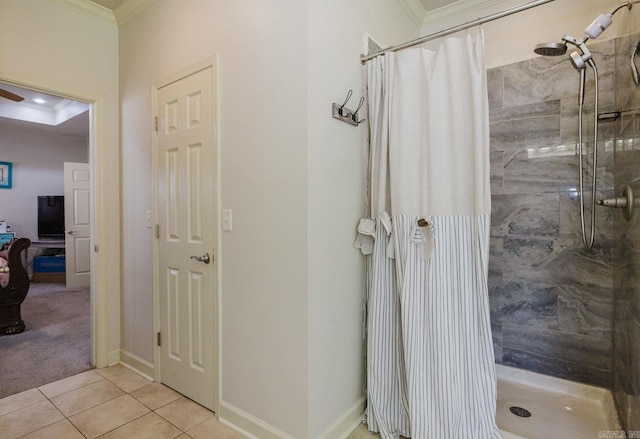 51 Waters Edge Dr, Little Rock, AR 72204 - bathroom with crown molding, a stall shower, tile patterned flooring, and baseboards