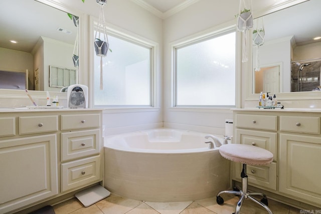 51 Waters Edge Dr, Little Rock, AR 72204 - full bath featuring a bath, tile patterned flooring, ornamental molding, vanity, and a shower