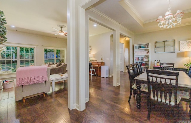 51 Waters Edge Dr, Little Rock, AR 72204 - dining room featuring crown molding, ceiling fan, wood finished floors, a chandelier, and a tray ceiling