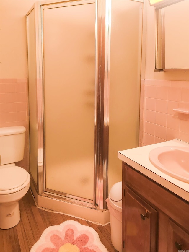 163 Junior Cir, Clinton, AR 72031 - full bathroom featuring tile walls, toilet, a stall shower, wood finished floors, and wainscoting