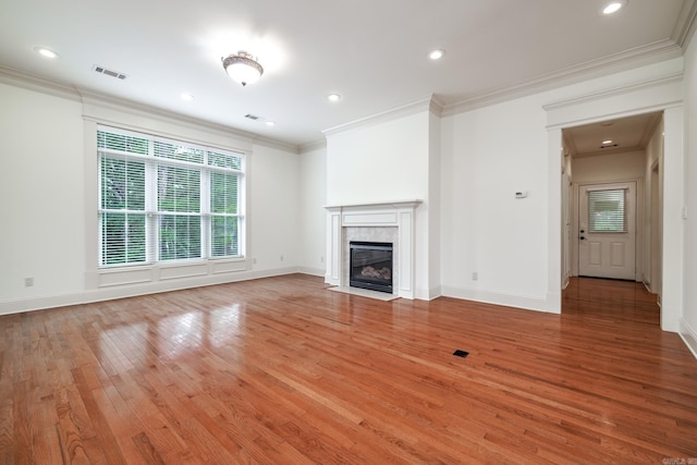 134 Myrick Ln, Hot Springs, AR 71913 - unfurnished living room with light wood-style floors, a premium fireplace, ornamental molding, baseboards, and recessed lighting