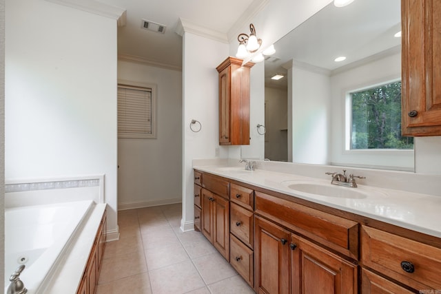 134 Myrick Ln, Hot Springs, AR 71913 - bathroom featuring ornamental molding, double vanity, a tub with jets, tile patterned flooring, and baseboards